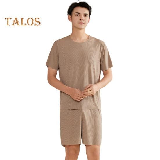 2Pcs/Set Men Pajamas Set O-Neck Short Sleeve T-shirt Elastic Waist Shorts Set Solid Color Home Clothing Suit 2XL khaki