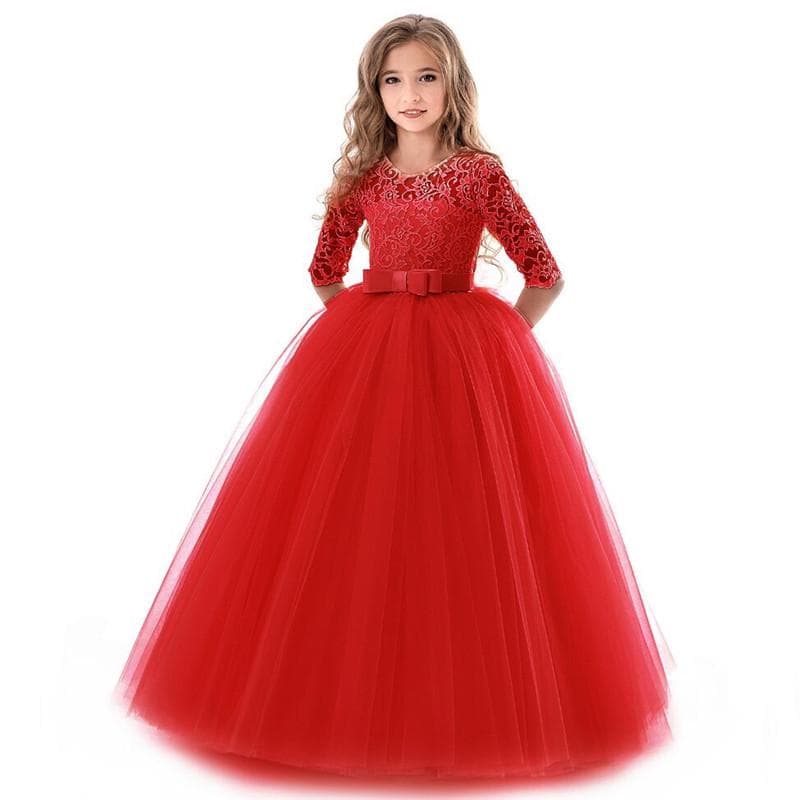 Teenage Girls Dress Summer Children's Clothing Party Elegant Princess Long Tulle Baby Girls Kids Lace Wedding Ceremony Dresses 170 red