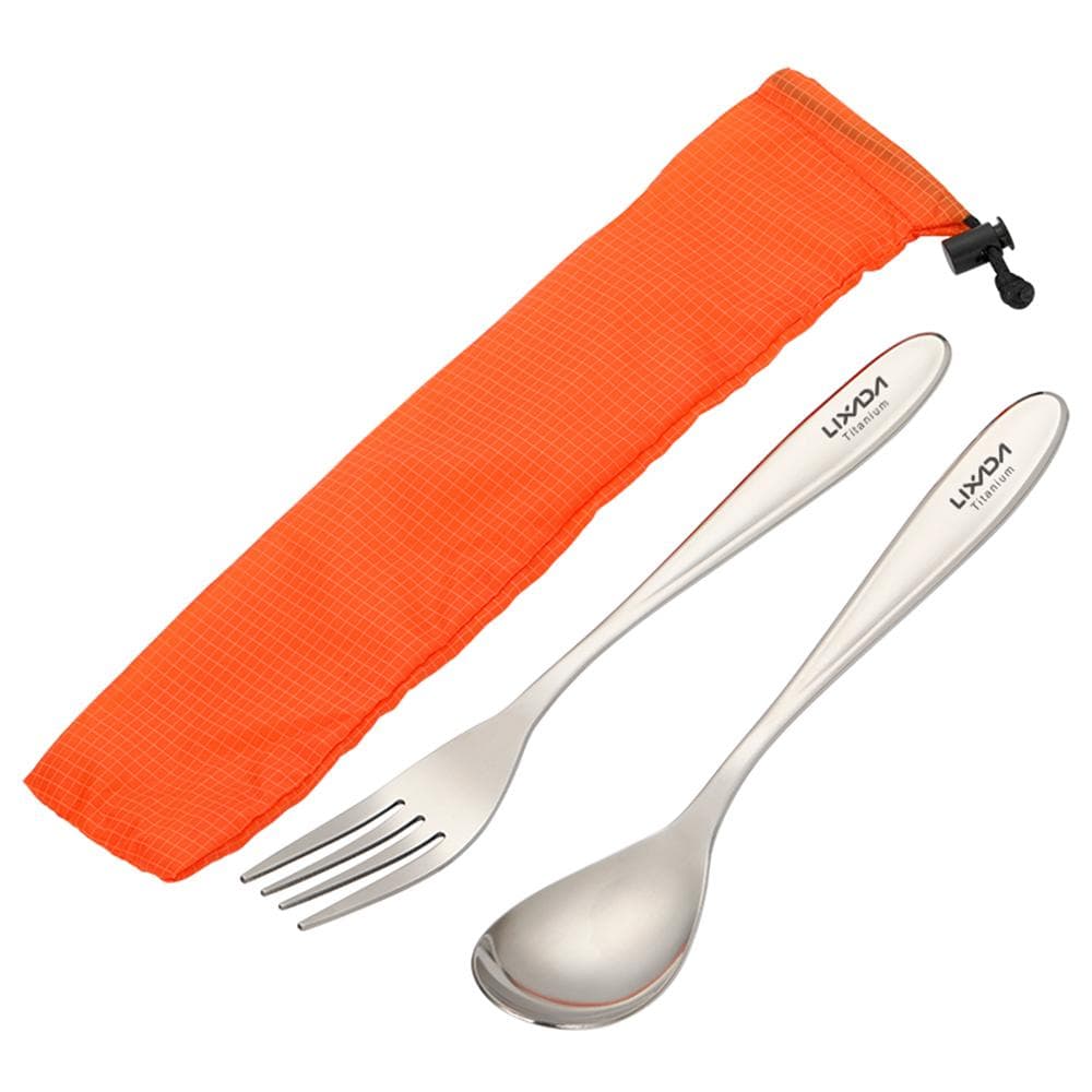 Lixada Lightweight Titanium Dinner Fork and Spoon Flatware Cutlery Set for Outdoor Camping Hiking Fork & Spoon - polished