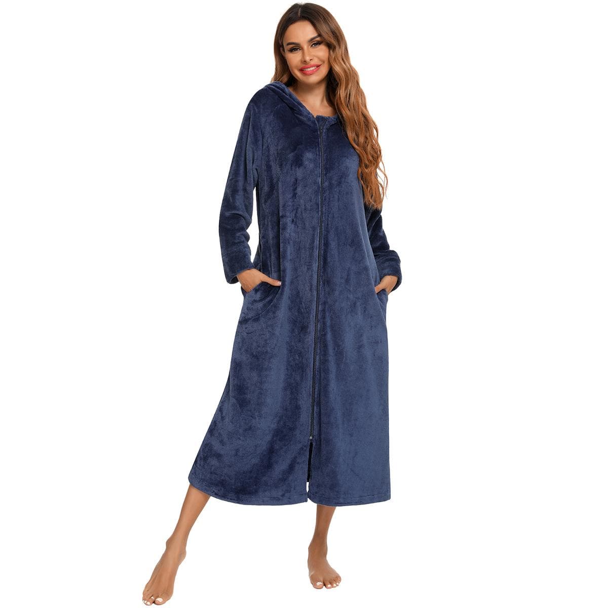 Women's Zip Up Plush Fleece Robe Hooded Warm Long Bathrobe Dressing Gown Winter Cozy Zipper Lounger Sleepwear Housecoat Loungewear Nightgown S navy blue