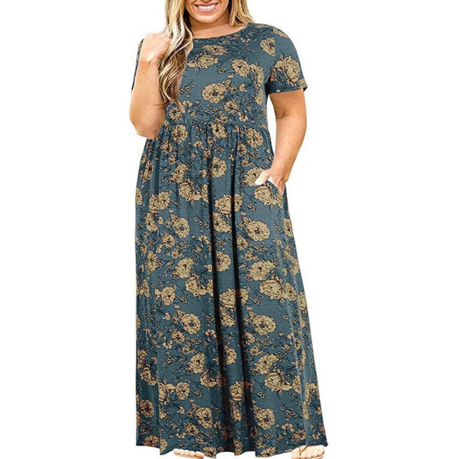Plus Size Women Casual O-Neck Summer Short Sleeve Print Loose Pocket Long Dress XXXL blue