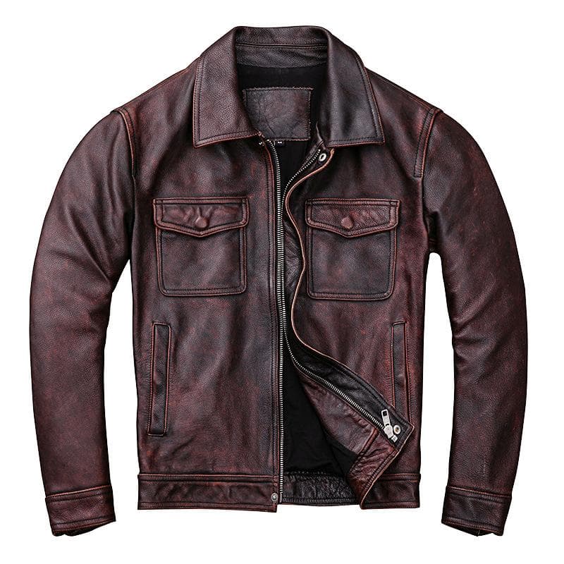 Retro First-layer Yellow Cowhide Genuine Leather Men's Motorcycle Distressed Leather Jacket 5XL brown