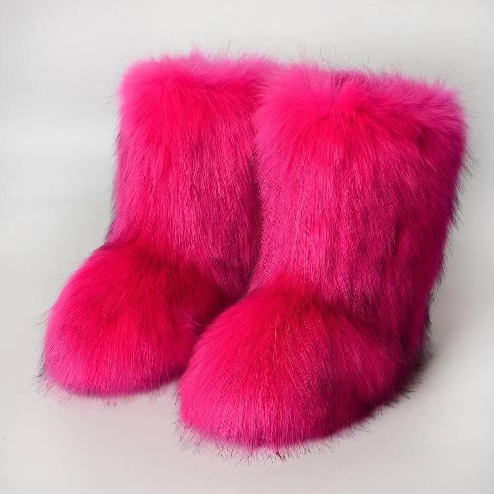 Winter Women Fluffy Faux Fox Fur Boots Woman Plush Warm Snow Boots Luxury Footwear Girls Furry Fur Bottes Fashion Winter Shoe 44 rose red