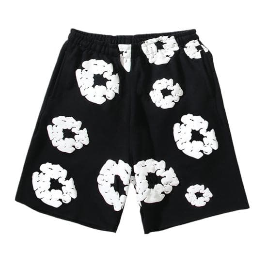 Summer Men Shorts Flower Print Drawstring Elastic Waist Loose Pockets Pleated Vacation Beach Sport Casual Homewear Short Pants XL black