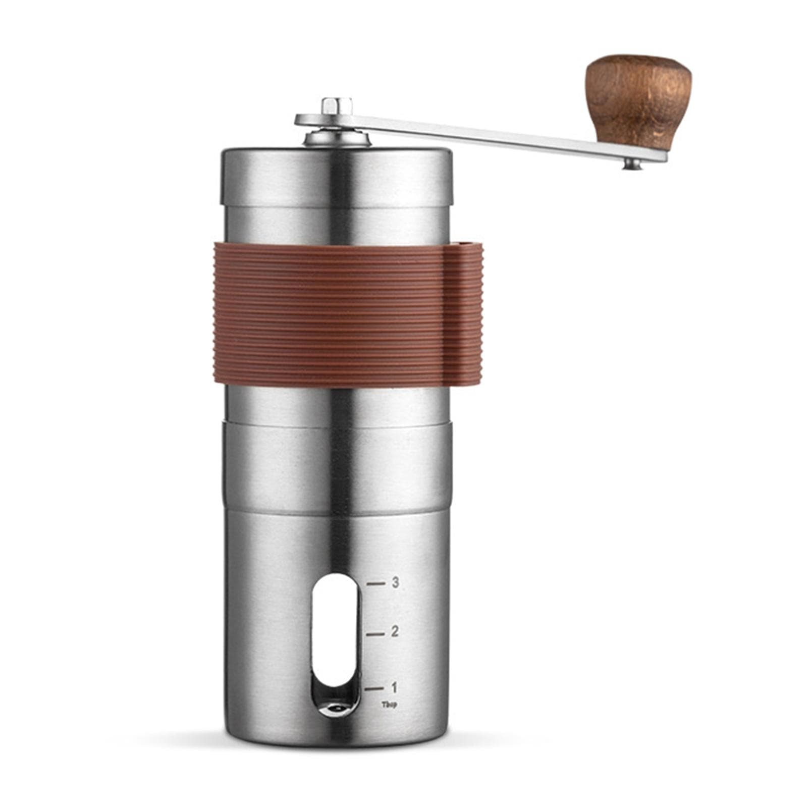 Manual Hand Coffee Grinder with Ceramic Burr Mill Adjustable Grind Stainless Steel Body Wood Holder silver