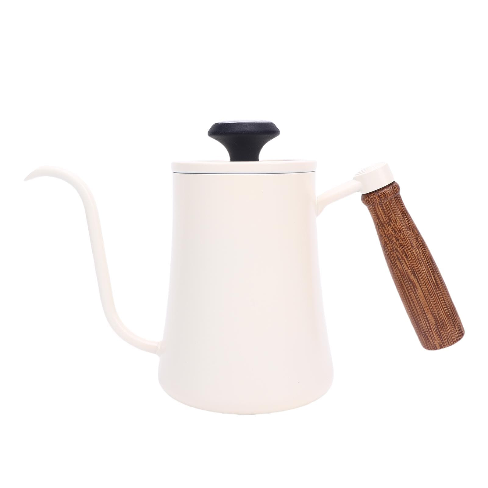 600ML Coffee Brewing Pot 304 Stainless Steel Water Pot with Temperature Meter Wood Handle Long L(for 6.5-9kg) white