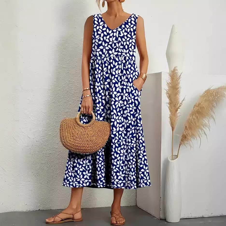 Women's Elegant Solid Color Dress Summer Short Sleeve O-Neck Vintage Harajuku Cotton Comfortable Loose Pocket Long Dress 2XL blue