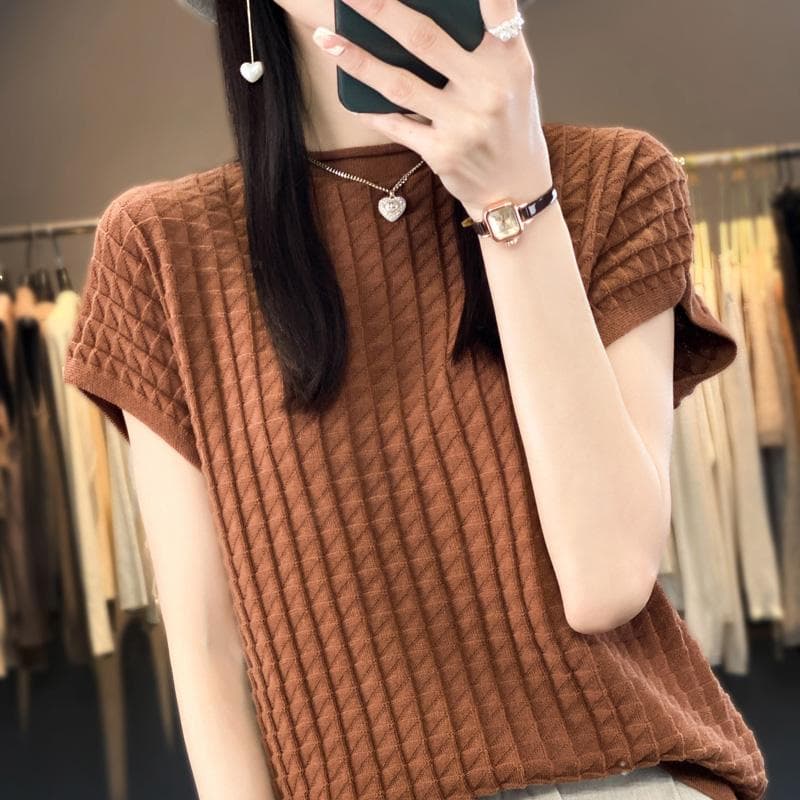 Women's T-shirt Summer Cotton Top Casual Solid Knitted Women's Pullover Short Sleeve Round Neck T-shirt Fashion Sweater XL coffee