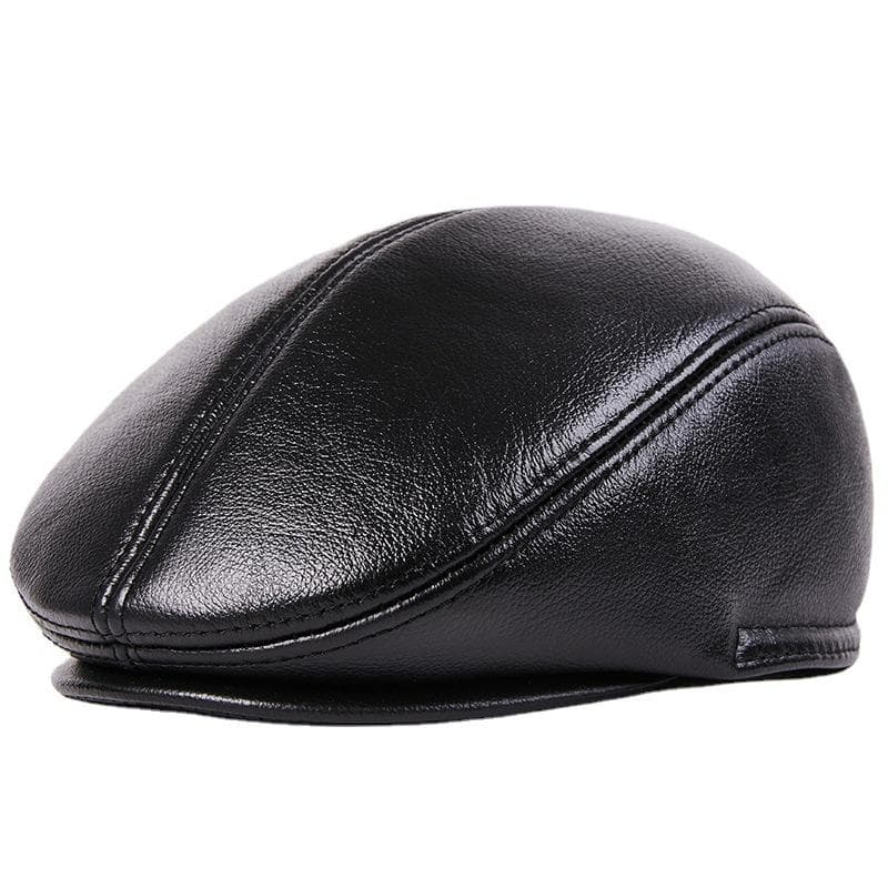 EFei First layer cowhide leather Hat Baseball Cap Brand Newsboy Men's Beret Hat Winter Warm Caps Hats Cowhide Cap XL(57-58cm) black