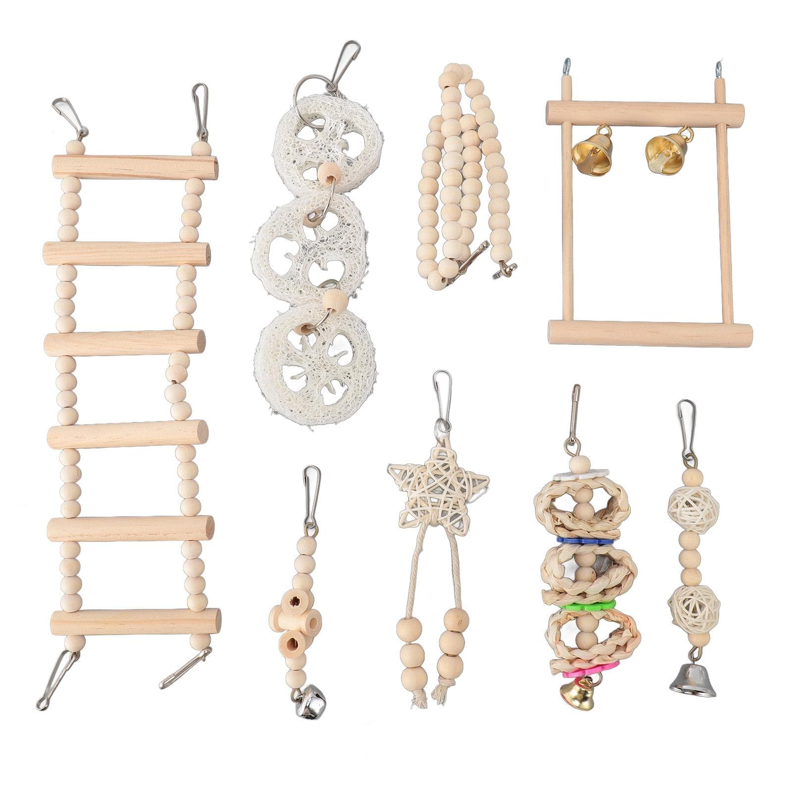 8pcs Parrot Chew Toy Set Hanging Bell Bird Cage Toy Climbing Ladder Chewing Toys Wood Shredding