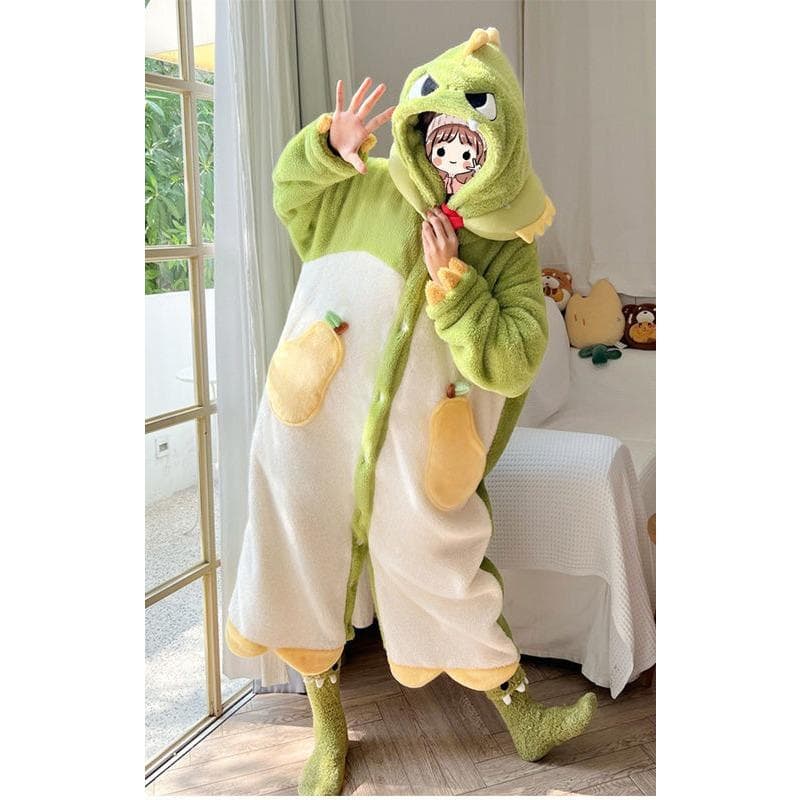 Cartoon Animal Fox Pajamas Women's Winter Coral Fleece Thickened One-Piece Plush Cute Long Hooded Plus Size Robe Home Wear L