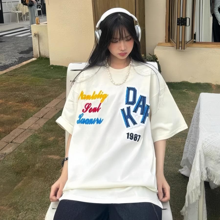 High Street Dopamine Letter Towel Embroidered Round Neck Large Size Top Summer Loose Casual Large T-Shirt Women XXL