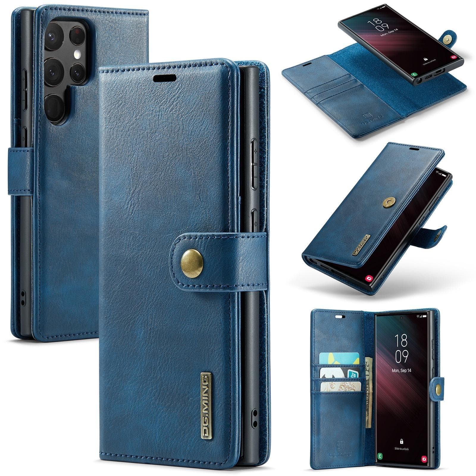 DG.MING 2 In1 Magnetic Detachable Cowhide Leather Wallet Phone Case for Samsung S23 S22 S21Ultra Plus S21 S20FE A14 A13 A53 /iPhone 15 14 13 12Pro Max Samsung A53 5G blue
