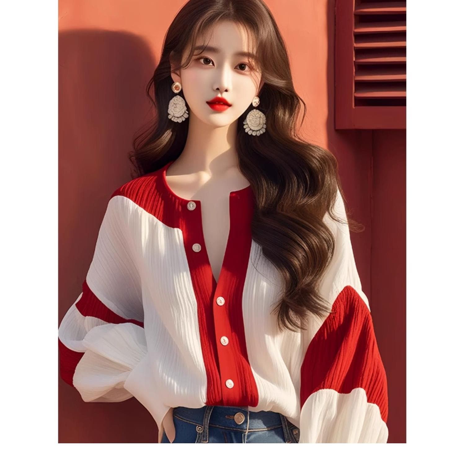 Red and White Contrasting Lantern Sleeve Chiffon Shirt Early Autumn New French Light Luxury Chic Top Women's Clothing 3XL