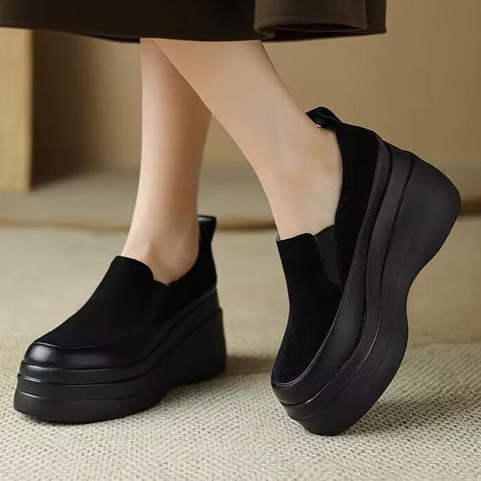 Leopard Women Platform Flats Casual Shoes Brand Suede High Heels Shoes Woman Autumn 2025 Trend Fashion Shallow Zapatillas Mujer 37 black