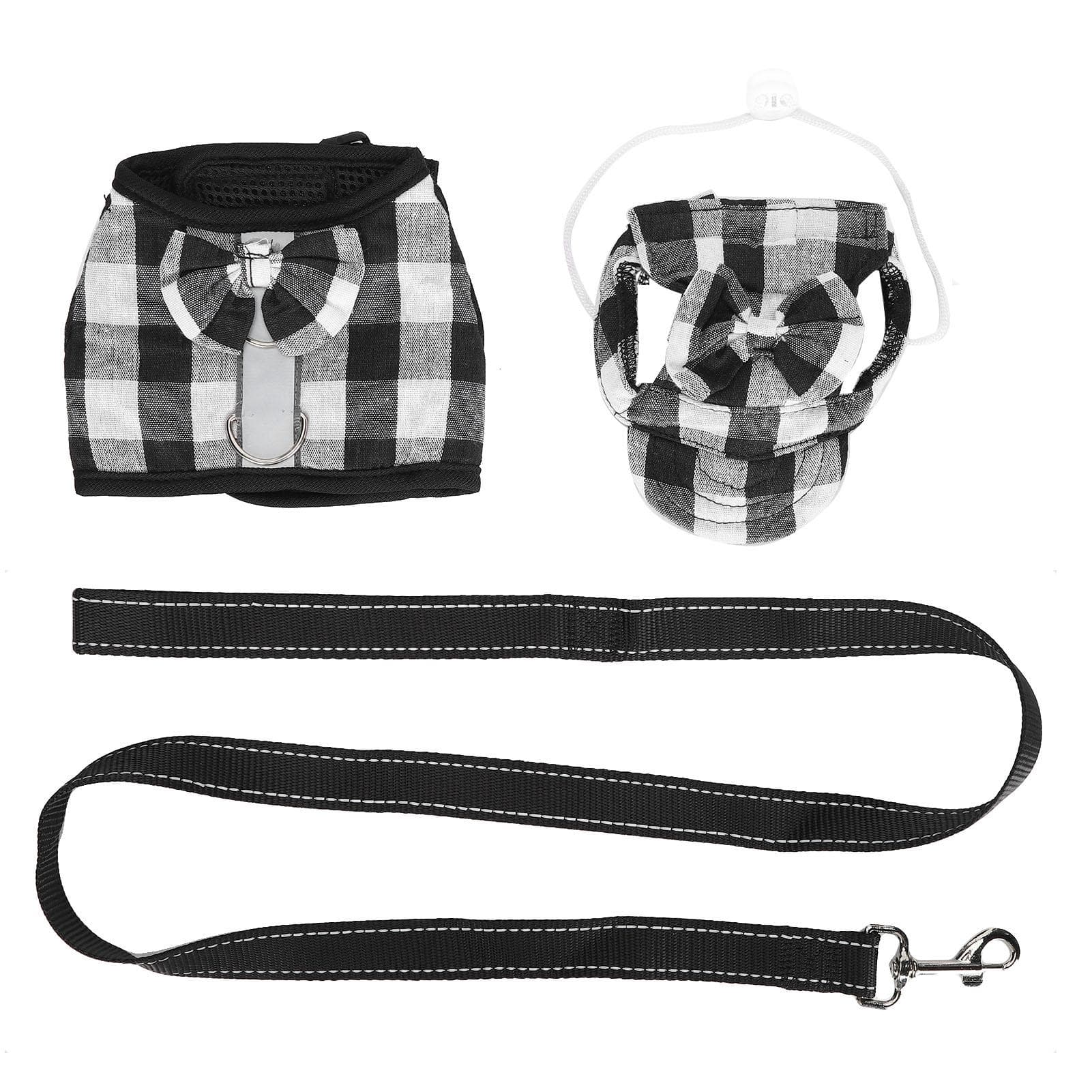 Pet Pig Vest Harness Dress with Leash and Cap Pigs EscapeProof Walking Harness Strap(Black White M) M(for 4-6.5kg)