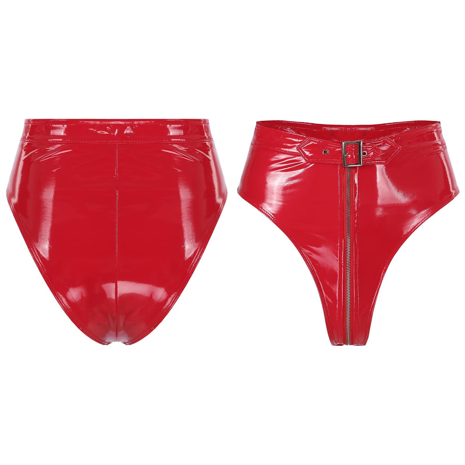 Women High Waist PV Leather High Cut Short with Front Zipper L red