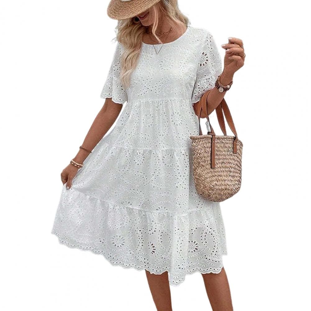 Summer Women Dress Hollow Out Short Horn Sleeves Dress A-line Pleated Patchwork Big Swing Embroidery Vacation Beach Midi Dress L white