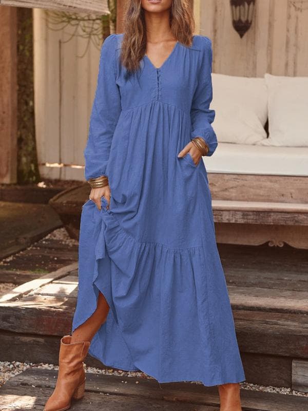 Women's Cotton and Linen Retro Casual Long Sleeved Dress S dark blue