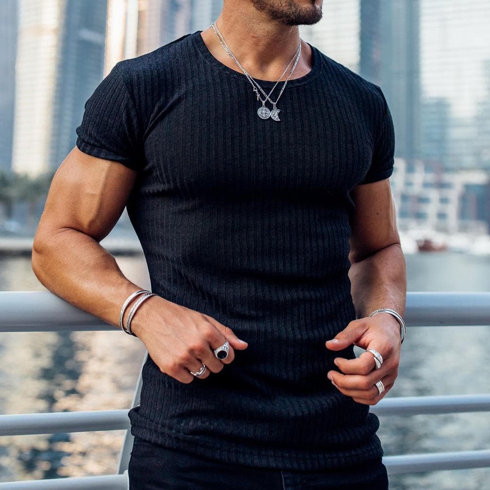 Men's Stretch T-Shirt Ribbed Knit Sleeve Bodybuilding Gym Tee Short Sleeve Slim Fit Workout Shirts Summer Breathable Round Nack T-Shirts for Men 4XL black