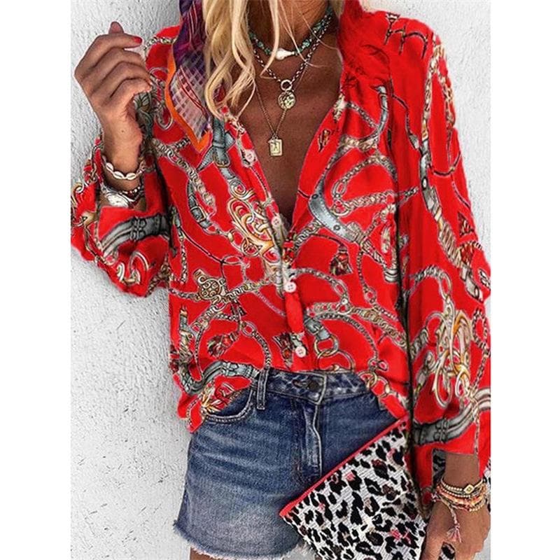 Women's Autumn/Winter Multi-Color Chain Print Stand Collar Long Sleeve Shirt 4XL red