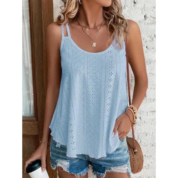 White Sleeveless Round Neck Eyelet Pattern Camisole Tank Top for Women M light blue