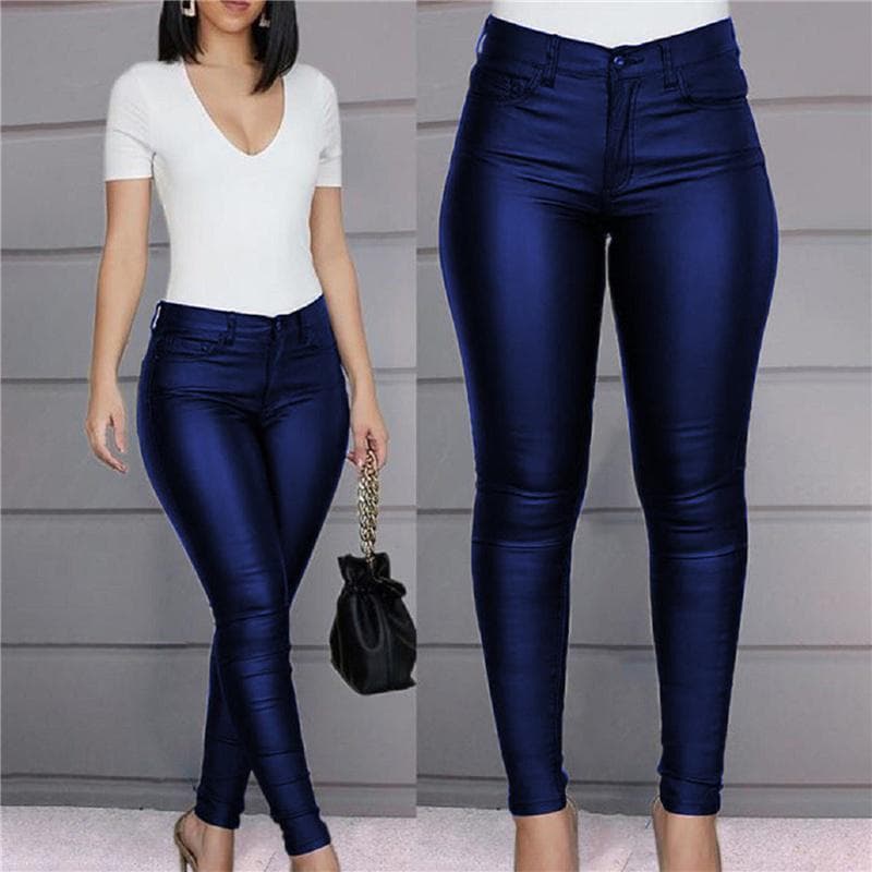Women's Casual Fashion Bottoms Pure Color Hose Leather Skinny Pants Stretch Hipsters Ladies Punk Trousers Leather Pants 3XL blue