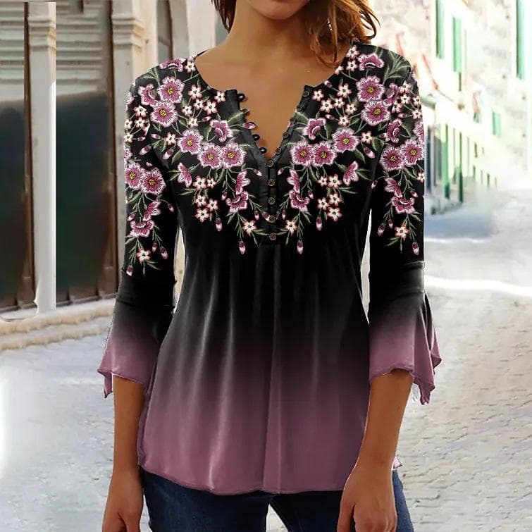 YYFS Women's Fashion Casual Summer Spring Flower Pattern Print 3/4 Sleeves V-Neck Blouses & Shirts S black/pink