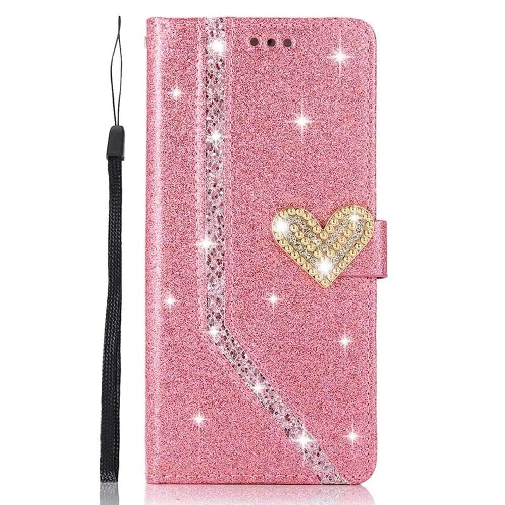 Luxury Bling Diamond PU Leather Flip Case Rhinestone 3D Love Heart Glitter Wallet Cover for iPhone Samsung Huawei Huawei P30 Pro pink