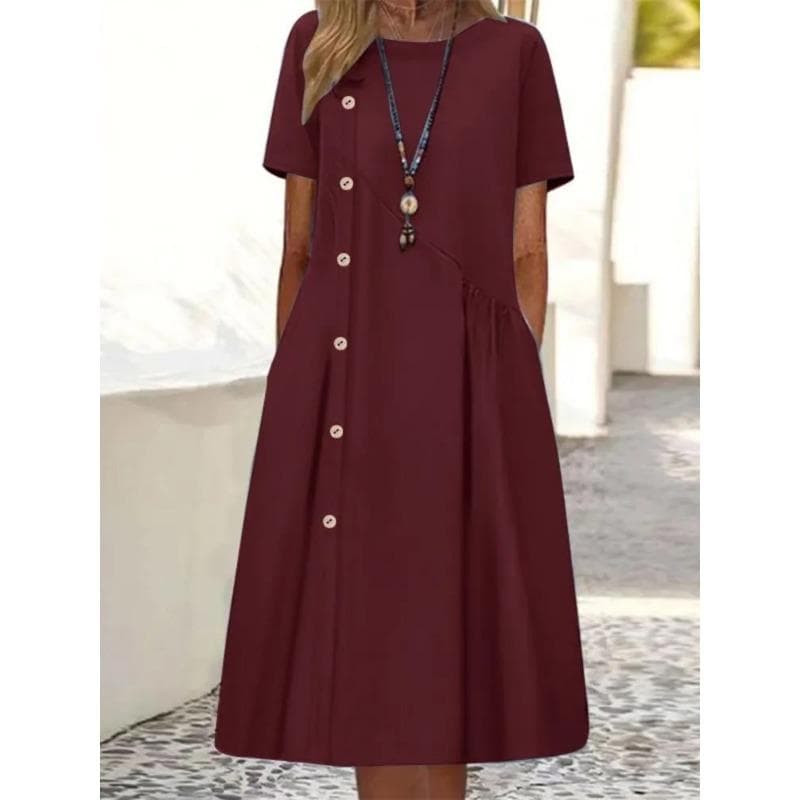 Women's Dress, Casual Button Decoration, Folded Pocket, Mid-length Dress 5XL burgundy
