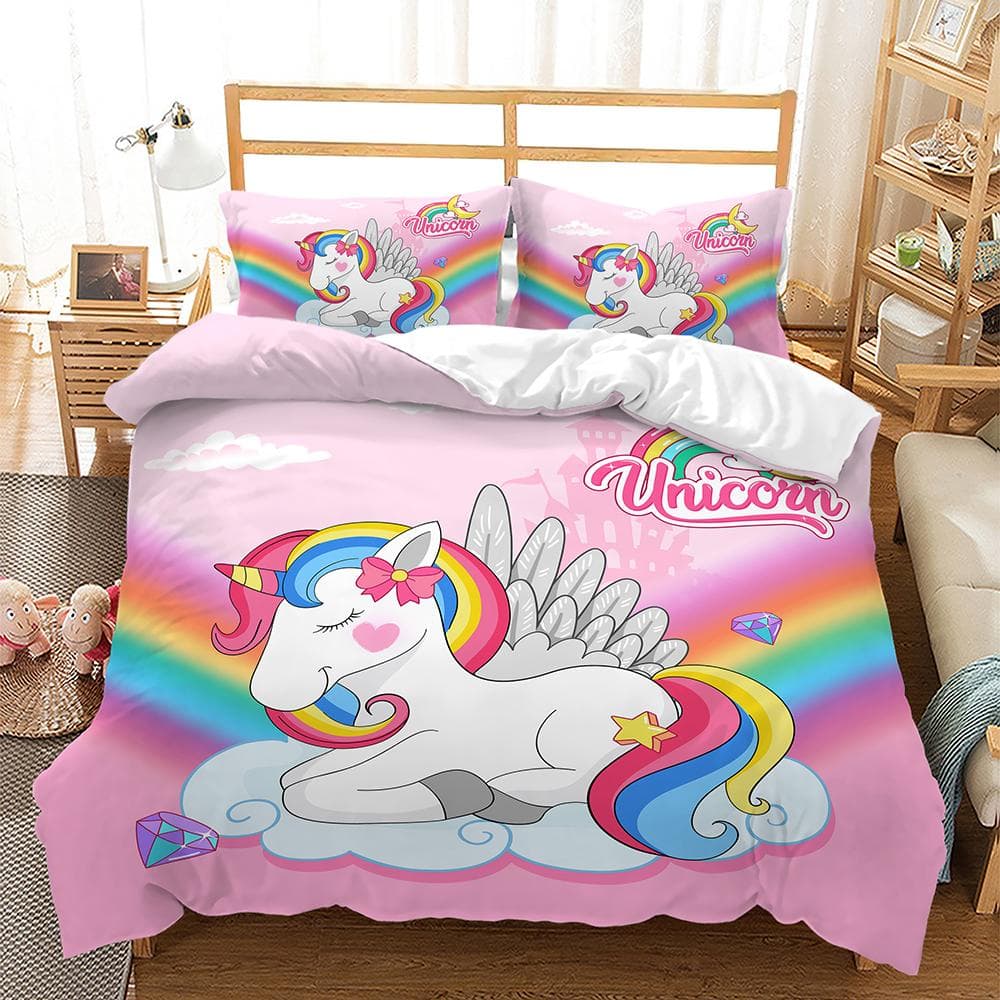 Rainbow Unicorn Bedding Set for Kids, Cartoon Animal Bed Linen for Girls, Kawaii Duvet Cover Sets, Twin, Single, Double, Queen cot size 70x133cm