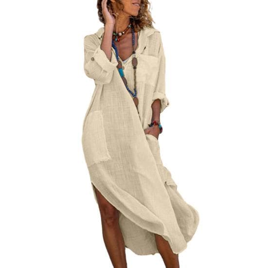 Women Summer Lapel V neck Shirt Dress Solid Color Pockets Design Side Split Loose Fit Thin Midi Dress Beach Holiday Dress S apricot