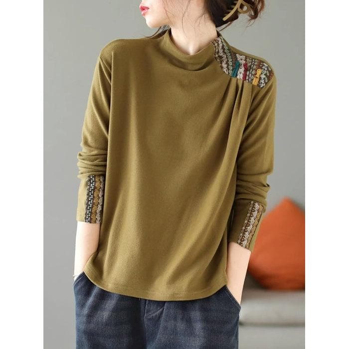 Double-sided Fleece Pullover Top Text Women's Art Retro Ethnic Style Patch Base Shirt Long-sleeved Button T-shirt XL