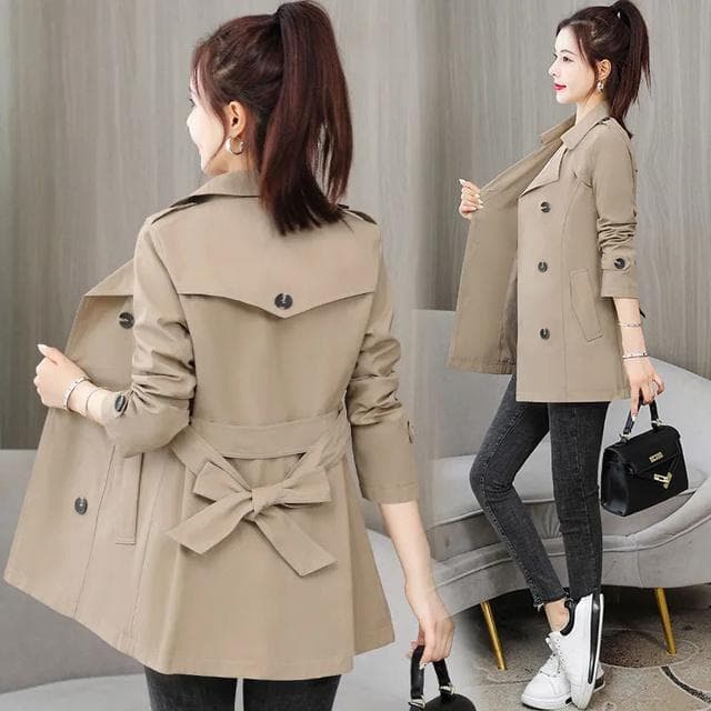 Spring Autumn Trench Coat Women Clothes Slim Long-Sleeved Short Windbreaker with Belt Casual Outwear Female Tops Lining L khaki