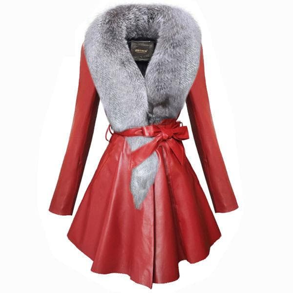 Winter Women's Mid-length Leather Trench Coat and Cotton Coat Slim PU Fur with Faux Fox Fur Collar L red