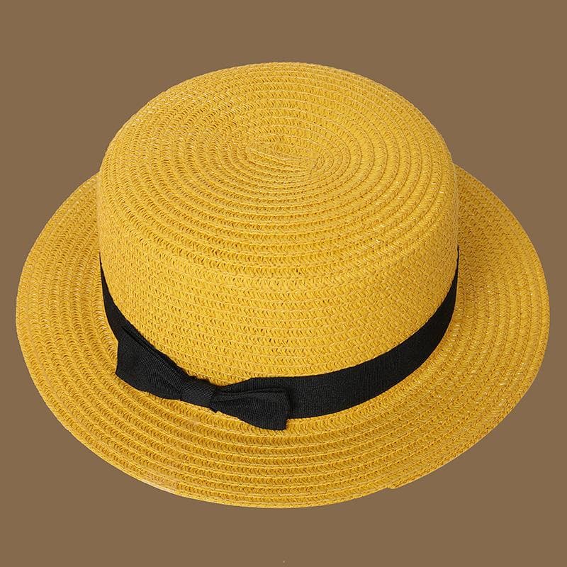 Spring and Summer New Straw Knitted Bow Straw Hat Korean Fashion and Leisure Foldable Beach Flat Top Short Eaf Straw Hat yellow