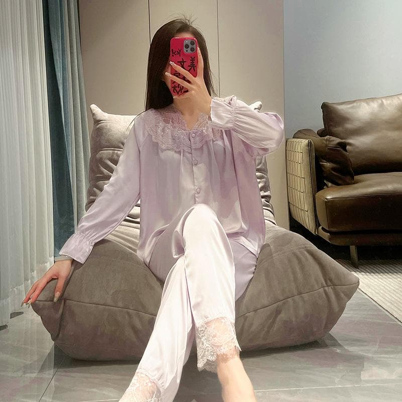 Sexy Lace V-Neck Pajamas Long Sleeved Cardigan Pants Sleepwear Two-Piece Princess Style Loungewear Casual Loose Fit Nightwear XL