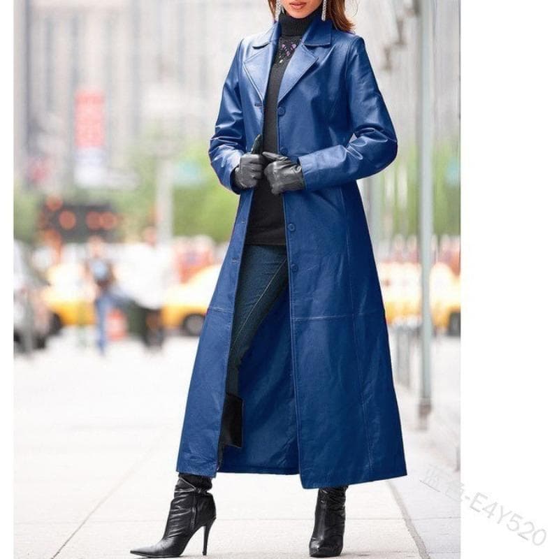 Women's Button Leather Jacket Long Coat Slim Skinny Large Size Leather Windbreaker 5XL