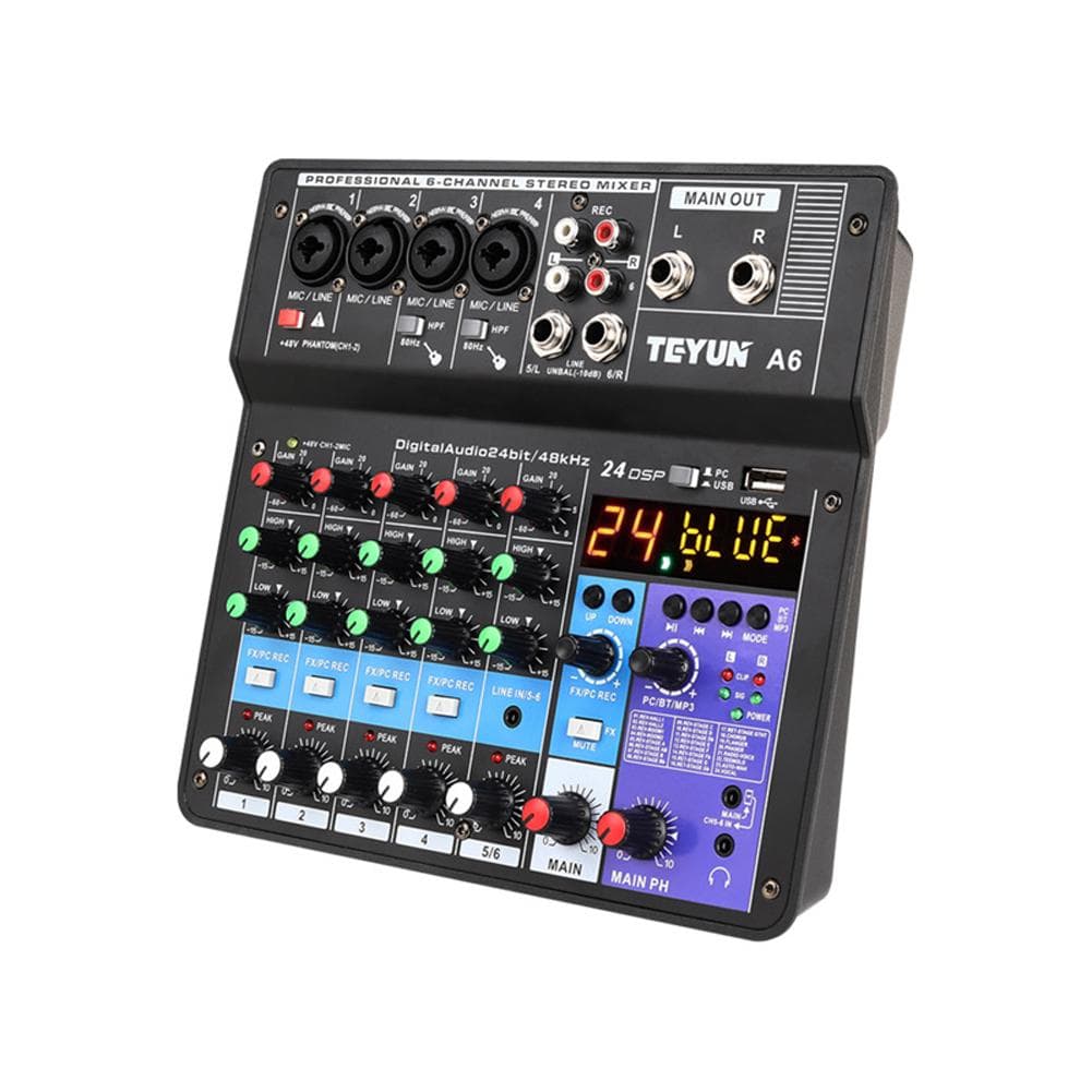 A6 6CH Protable Mini Mixer Audio Console with Sound Card USB Recording Singing Webcast Party Mixer black