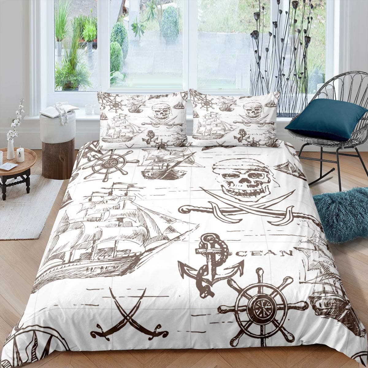 Nautical Sailboat King Queen Duvet Cover Coastal Sailing Boat Bedding Set Sea Adventure Comforter Cover Polyester Quilt Cover 240x210cm 3pcs