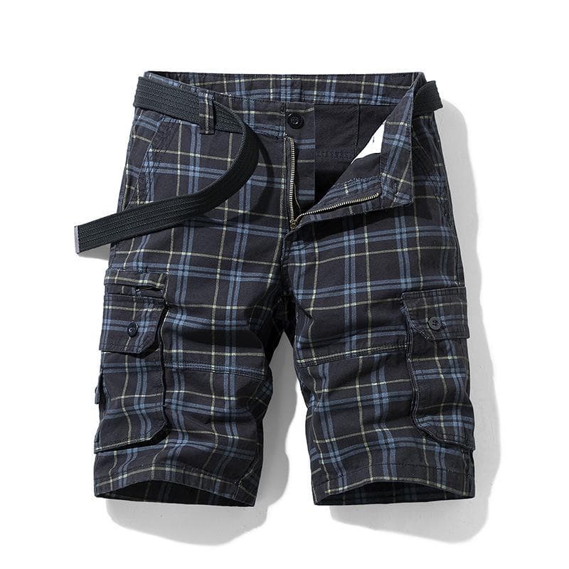 Summer Cotton Men's Shorts Casual Sports Workwear Five-point Pants Plaid Slim Multi-pocket Pants 4XL black