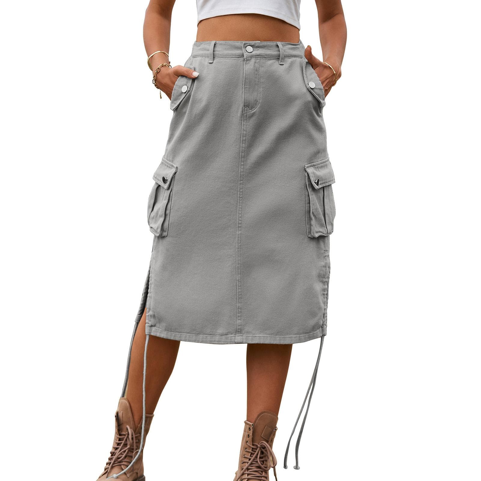 Women Baggy Skirt Side Drawstring Skirt Large Pocket Midiskirt Pure Color Loose Midiskirt Light XXL light gray