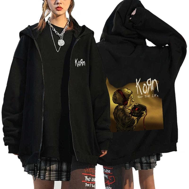 Korn Rock Band Print Zipper Hoodies Metal Music Men's Zip Up Jackets Hip Hop Streetwear Sweatshirts Unisex Y2K Cardigan Coats M