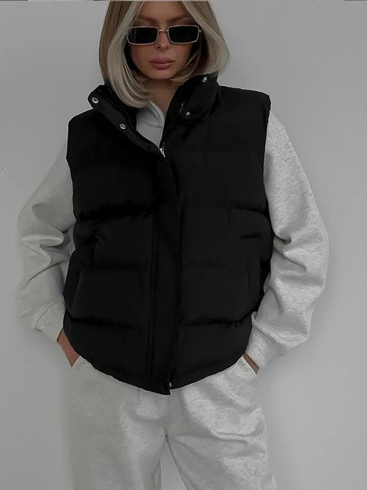 Winter Thicken Waistcoat Vest Women Winter Cotton Warm Parka Street Zipper Female Hooded Top Big Pocket Sleeveless Loose Coat L black