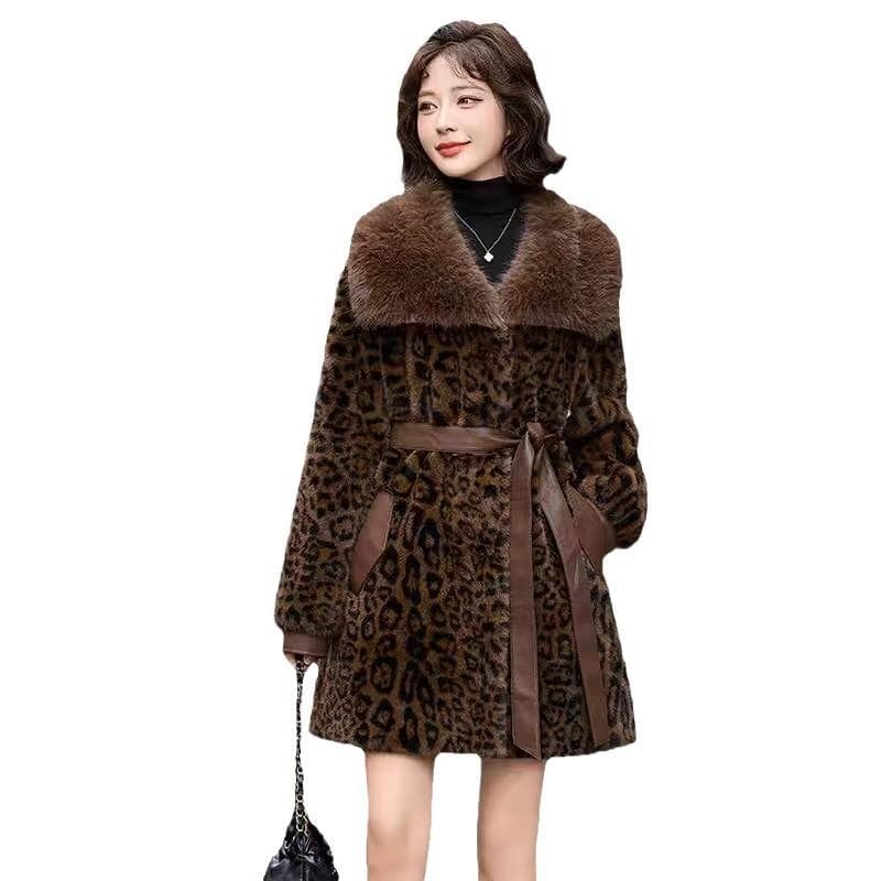New Women's Autumn and Winter Leopard Print Fur Coat Imitation Mink Fur All-in-one Mid-length Loose Plush Coat XL
