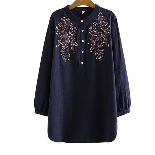 Embroidery T-Shirt Medium Long Long Sleeves Round Collar Autumn Loose National Wind Cotton Shirt Large Size Women's Dress XXXXL navy blue