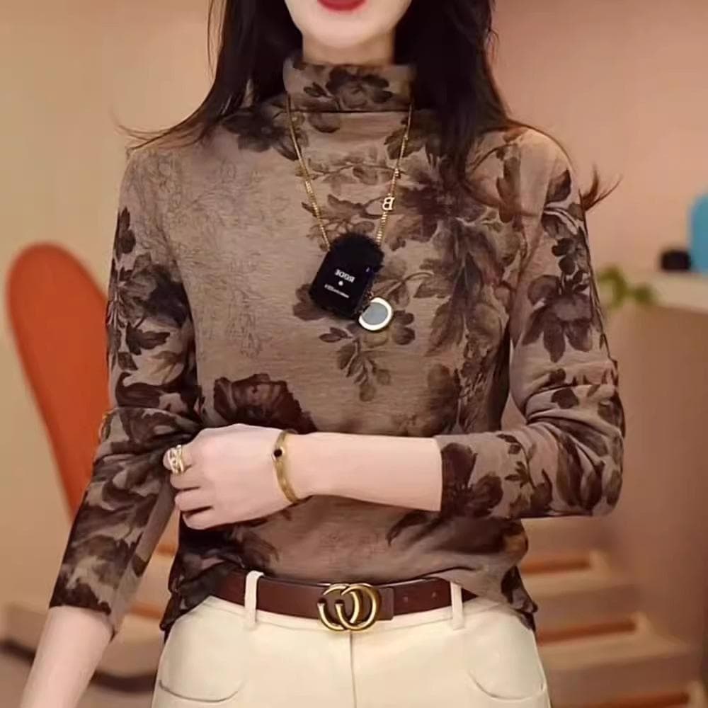 Thickened Bottomed Shirt Women's Autumn Clothing New Fashionable Foreign Style Printed Slim-fitting Inner Top 4XL
