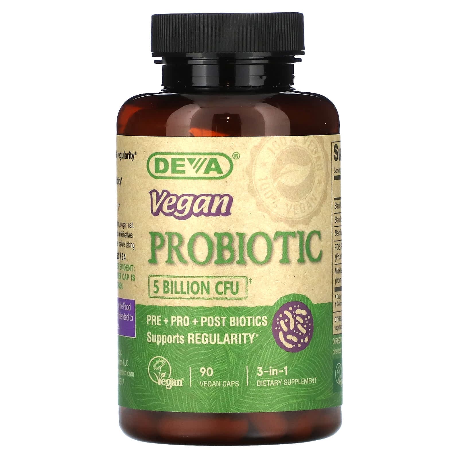 Deva, 3-in-1 vegan probiotic, 5 billion CFU, 90 veggie capsules