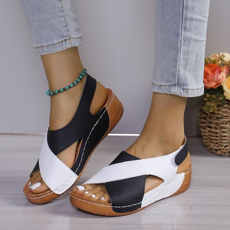 Women's Contrast Color Wedge Sandals Summer Peep Toe Non Slip Beach Shoes Woman Comfortable Platform Roman Sandals 36 black