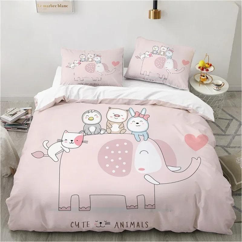 Cute Cartoon Animals Pink Toddler Bedding Set 3D Funny Cat Print Duvet Cover Twin Queen Size For Teens Kids Girls Bedroom Decor 70x133cm 2pcs